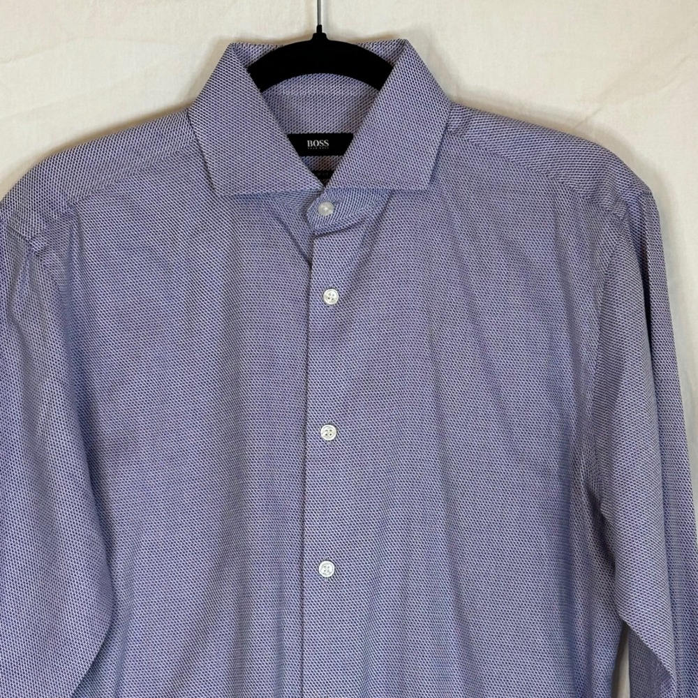 BOSS Hugo Boss Sharp Fit Dress Shirt Blue Patterned Long Sleeve Button Down - Picture 2 of 11